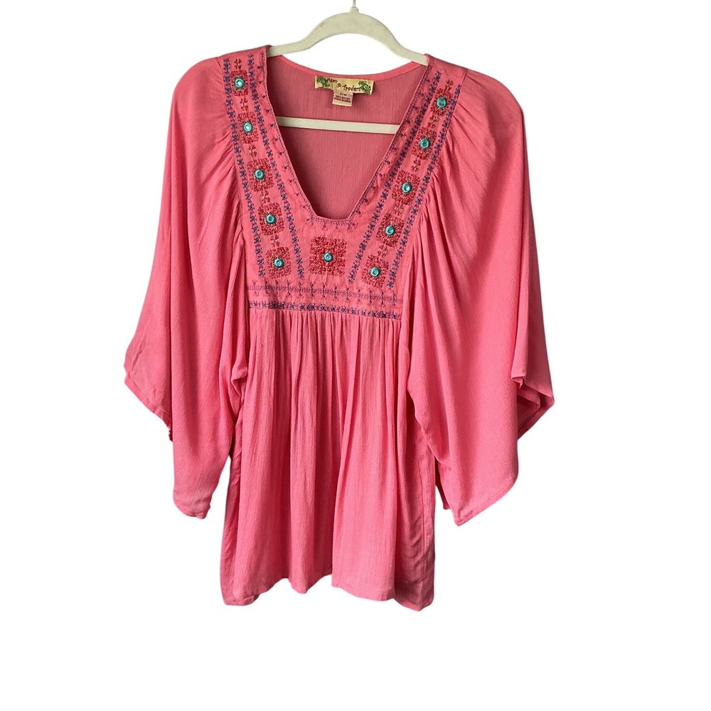 Agan Traders Pink Embroidered V-Neck Kimono Sleeve Boho Tunic Top SM
